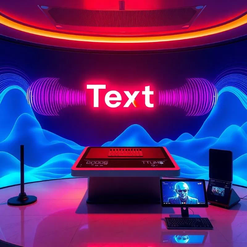 AI가 텍스트 프롬프트를 입력받아 다채로운 영상과 사운드웨이브를 생성하는 과정을 시각화한 이미지.