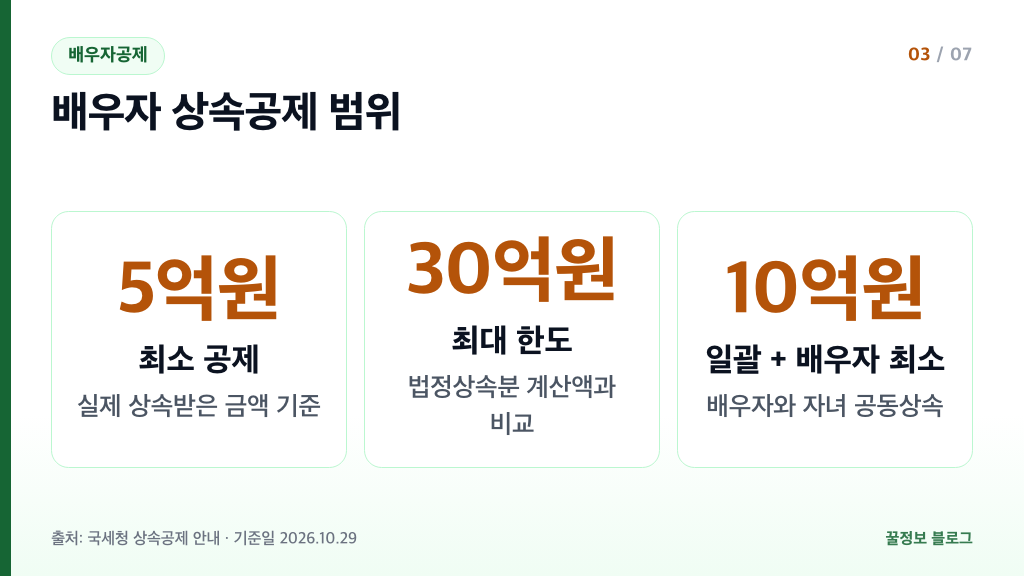 배우자 상속공제 최소 5억원 최대 30억원 일괄공제와 합친 최소 공제 10억원 안내