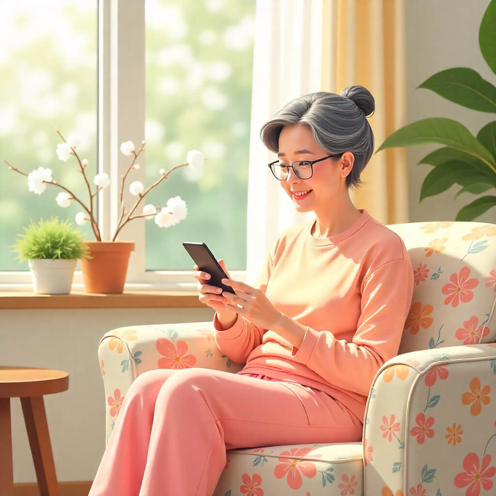 여성 시니어가 스마트폰으로 국민연금 개혁안 살펴보는 모습