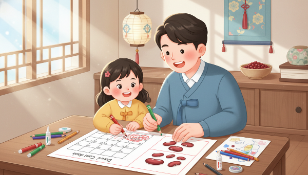 부모와 아이가 함께 앉아 동지 달력을 만들거나 그림을 그리며 전통 문화를 배우는 모습. 밝고 다정한 분위기가 느껴진다.