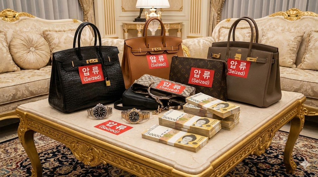 세금 체납자의 집에서 압류된 명품 가방과 현금다발에 빨간 딱지가 붙은 모습