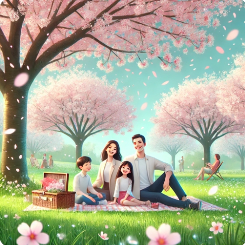 벚꽃놀이하는 가족모습을 표현한 이미지