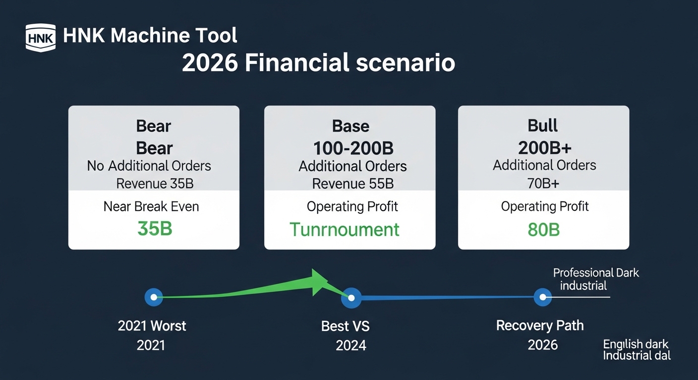 HNK Machine Tool 2026 financial turnaround scenario dark blue gray background three vertical scenario cards left bear card no additional orders revenue 35B near break even center base card 100-200B additional orders revenue 55B operating profit 30B turnaround green arrow right bull card 200B plus additional orders revenue 70B plus operating profit 80B bottom comparison 2021 worst vs 2024 best vs 2026 recovery path line chart English labels professional dark industrial