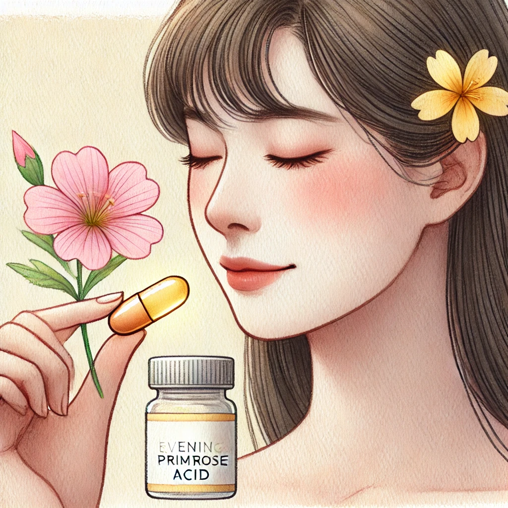 감마리놀렌산(GLA)을 상징하는 저녁 primrose 꽃과 소프트젤을 든 여성