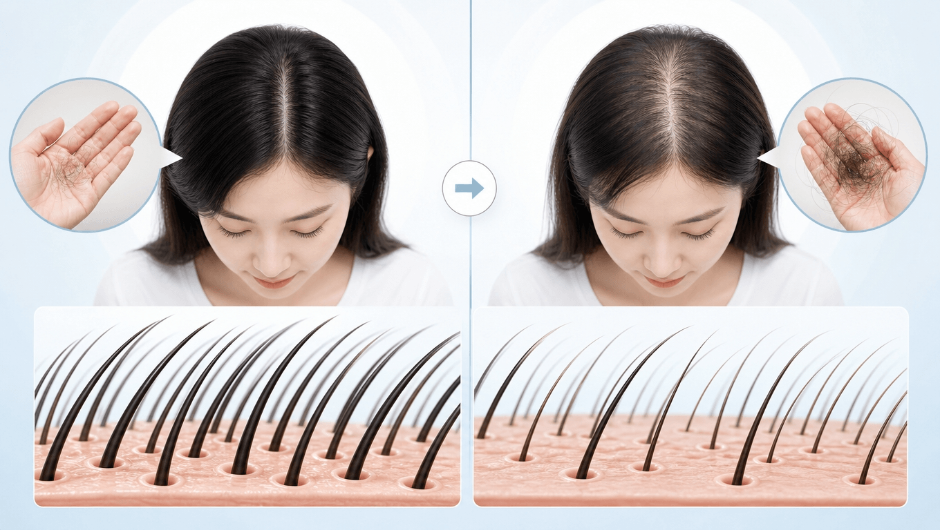 정상 탈락과 탈모 초기 모발 굵기 비교 일러스트