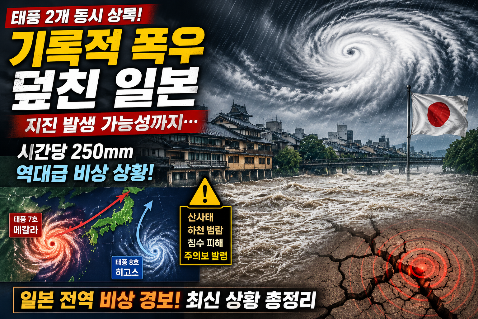 일본에 태풍 2개가 동시에 접근하며 기록적 폭우와 산사태, 지진 가능성이 겹친 위험 상황을 표현한 재난 정보 이미지