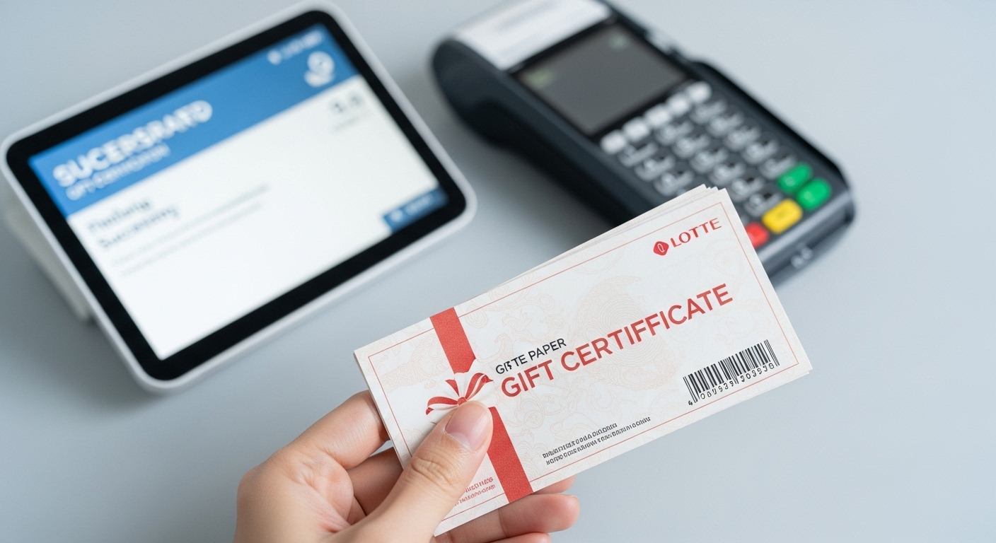 롯데 모바일상품권 앱 화면이 보이는 스마트폰. 구매, 결제, 선물 아이콘이 명확하게 보인다. 모바일 상품권의 편리한 기능을 상징한다.