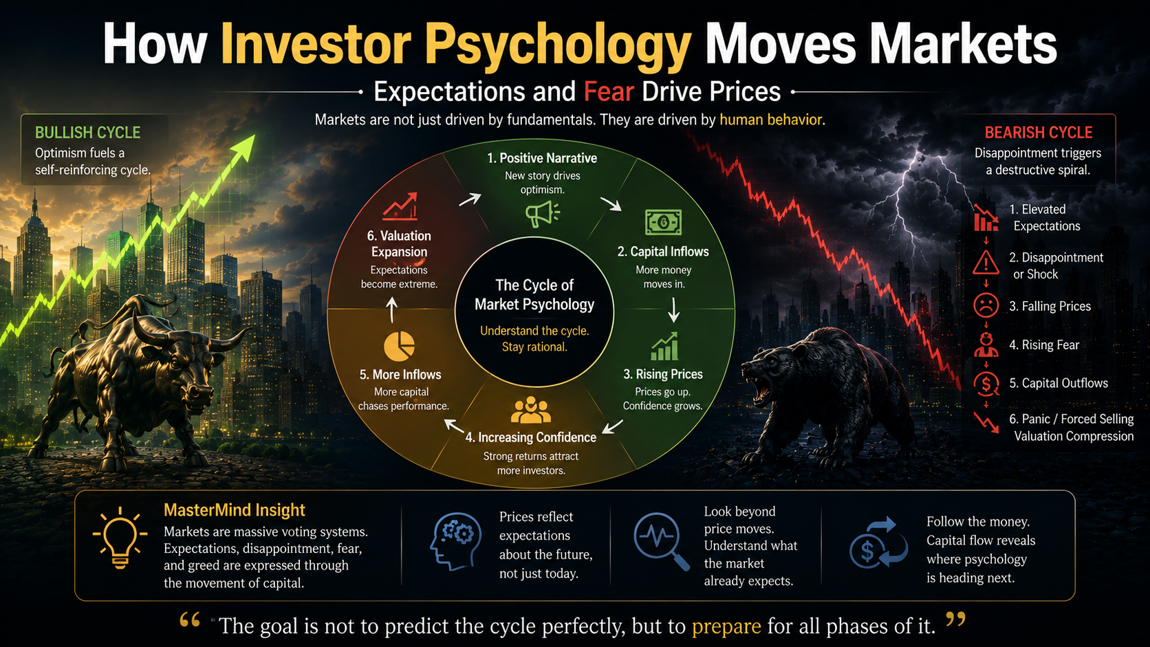 Market psychology cycle showing expectations capital flows greed fear and panic selling