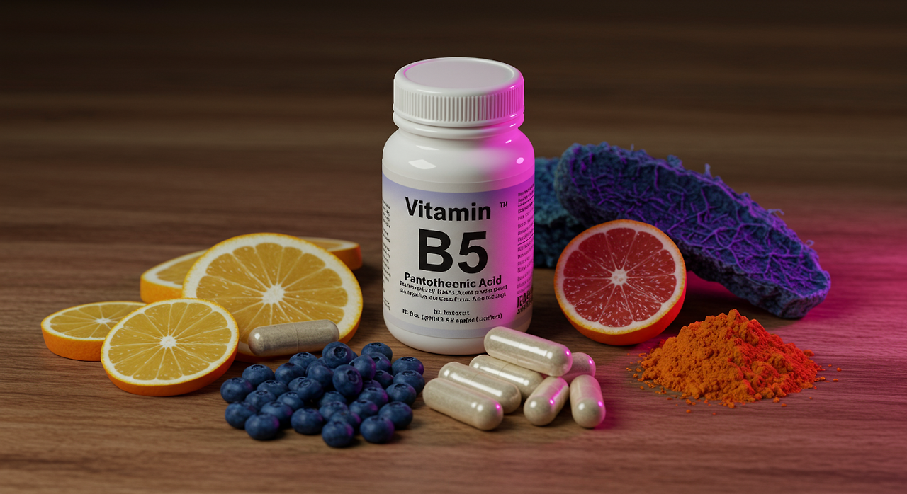 판토텐산과 오렌지 블루베리,자몽등이 있는 그림