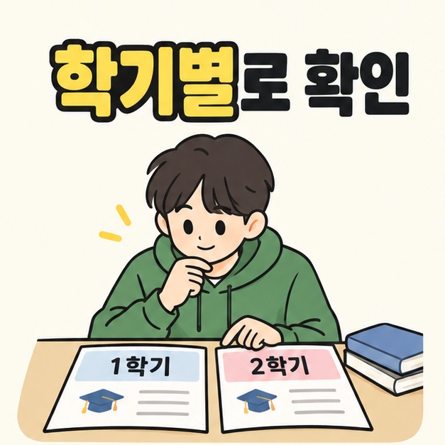 학기별로 확인 제목 아래 대학생이 1학기와 2학기라고 적힌 두 안내 문서를 나란히 살펴보는 모습
