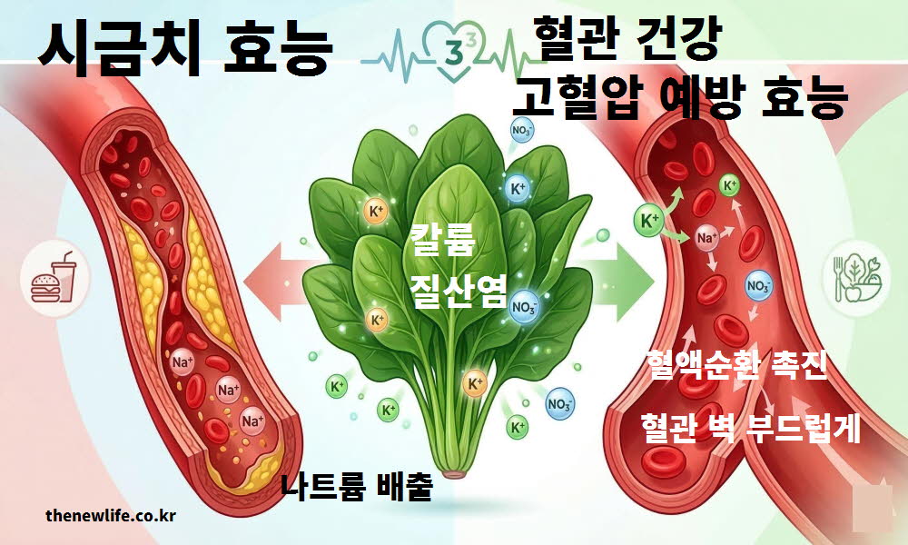 시금치 효능이 혈관 건강을 개선하고 고혈압을 예방하는 원리를 설명하는 이미지