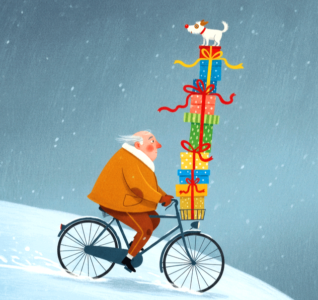 백발의 할아버지가 하얀 눈밭에서 자전거를 타고있다. 앞바퀴 위에는 선물상자가 높이 쌓여있고 맨위엔 하얀 강아지가 앉았다.