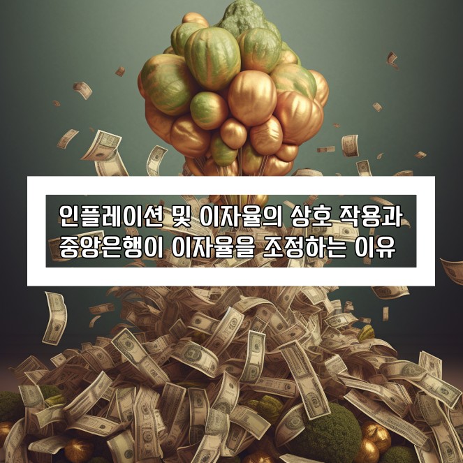 "인플레이션 및 이자율의 상호 작용과 중앙은행이 이자율을 조정하는 이유" 블로그 타이틀과 풍선과 돈으로 인플레이션을 표현한 그림