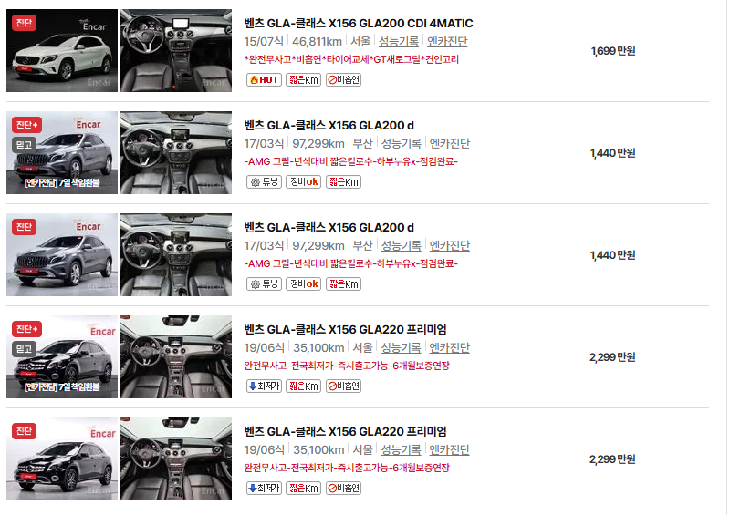 벤츠 GLA 중고차 가격 시세표 유지비