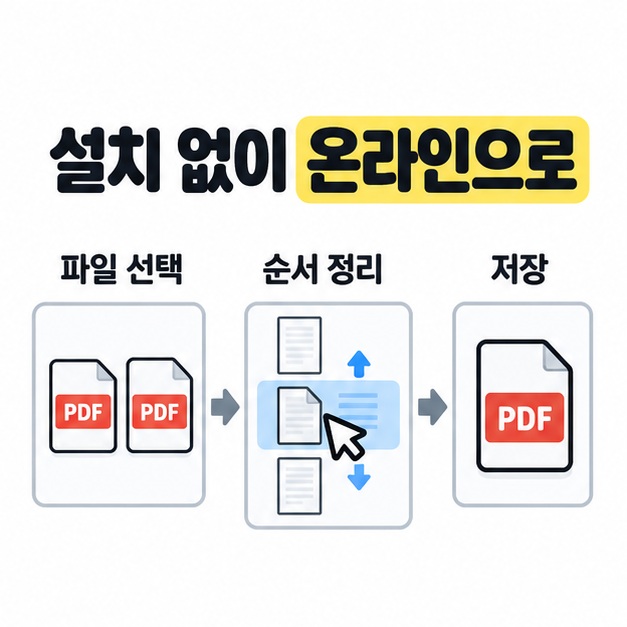 온라인에서 PDF 파일을 선택하고 순서를 정리한 뒤 하나의 PDF로 저장하는 과정을 보여주는 이미지