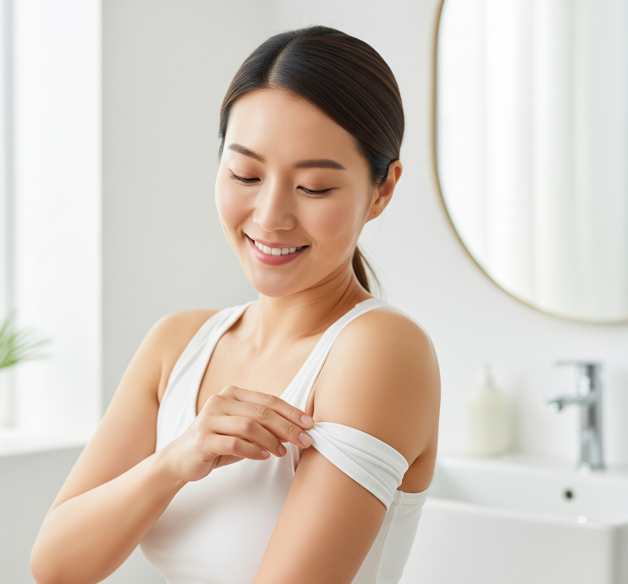 랩핑을 떼어낸 후 팔뚝을 만져보며 만족스러워하는 한국 여성의 모습