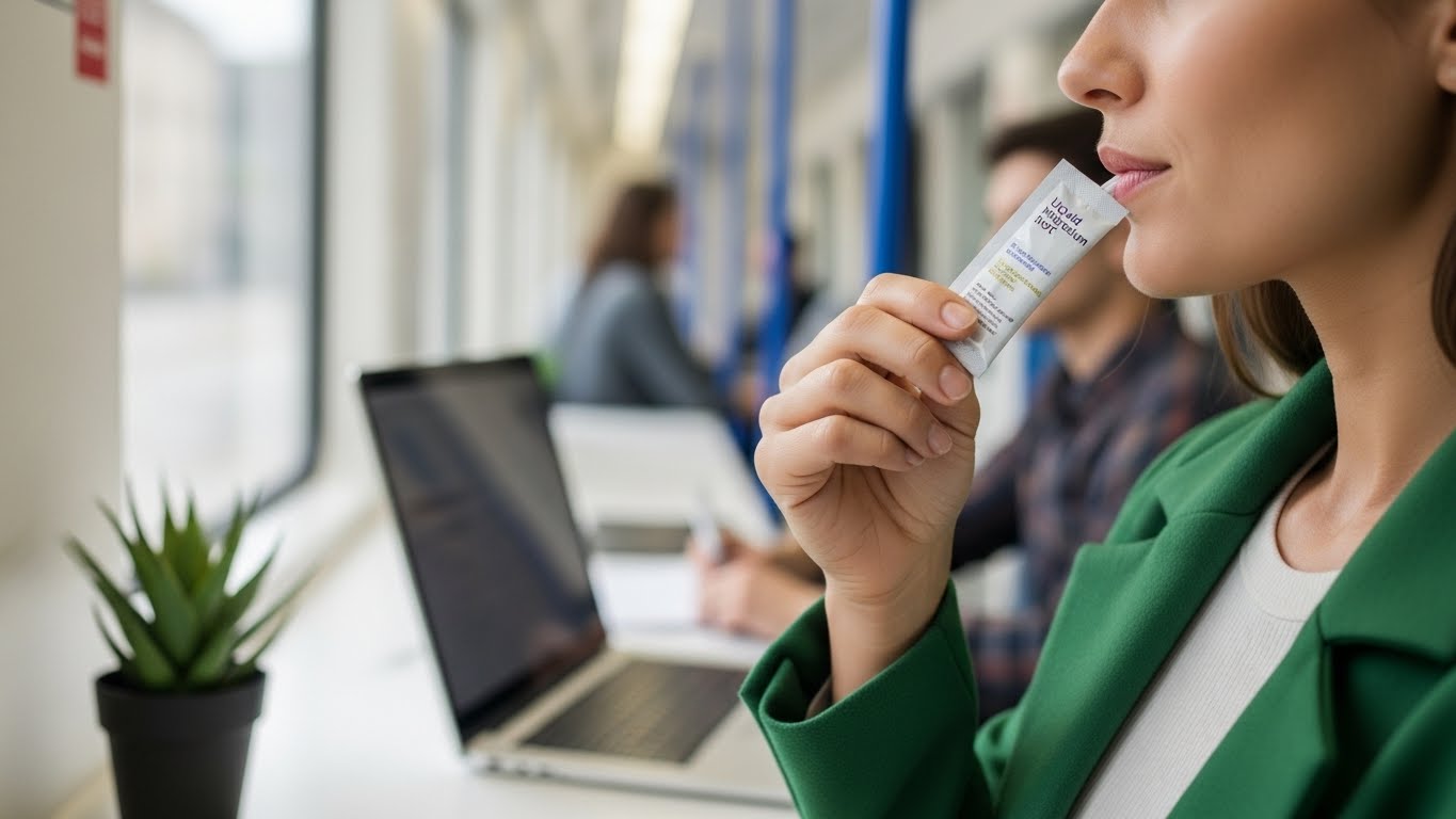 밝고 현대적인 지하철이나 깨끗한 사무실 환경에서 출퇴근할 때 작고 우아한 주머니에서 액체 마그네슘을 몰래 촬영하는 스타일리시한 이동 장면.