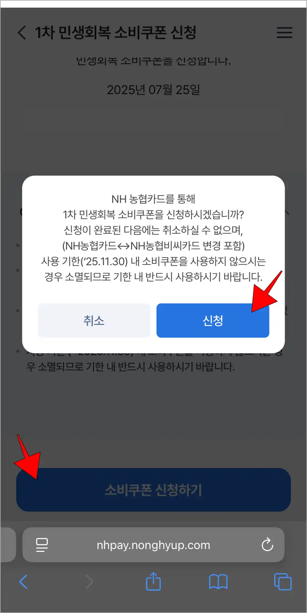 신청 정보의 '소비쿠폰 신청하기'를 선택하고, 화면에 표시된 안내의 '신청'을 선택