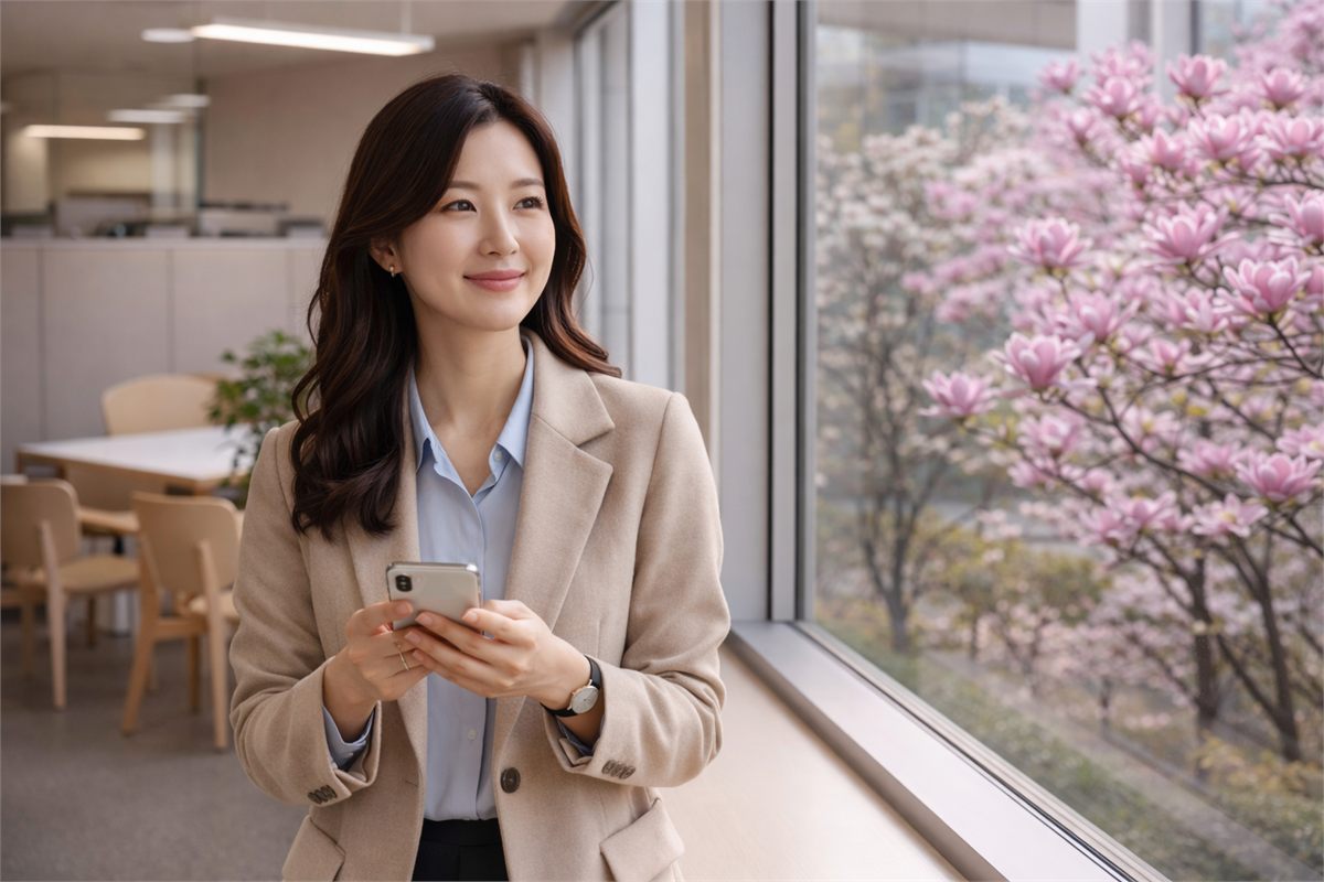 창밖 목련 풍경이 보이는 사무실에서 휴대폰을 든 직장인 모습 