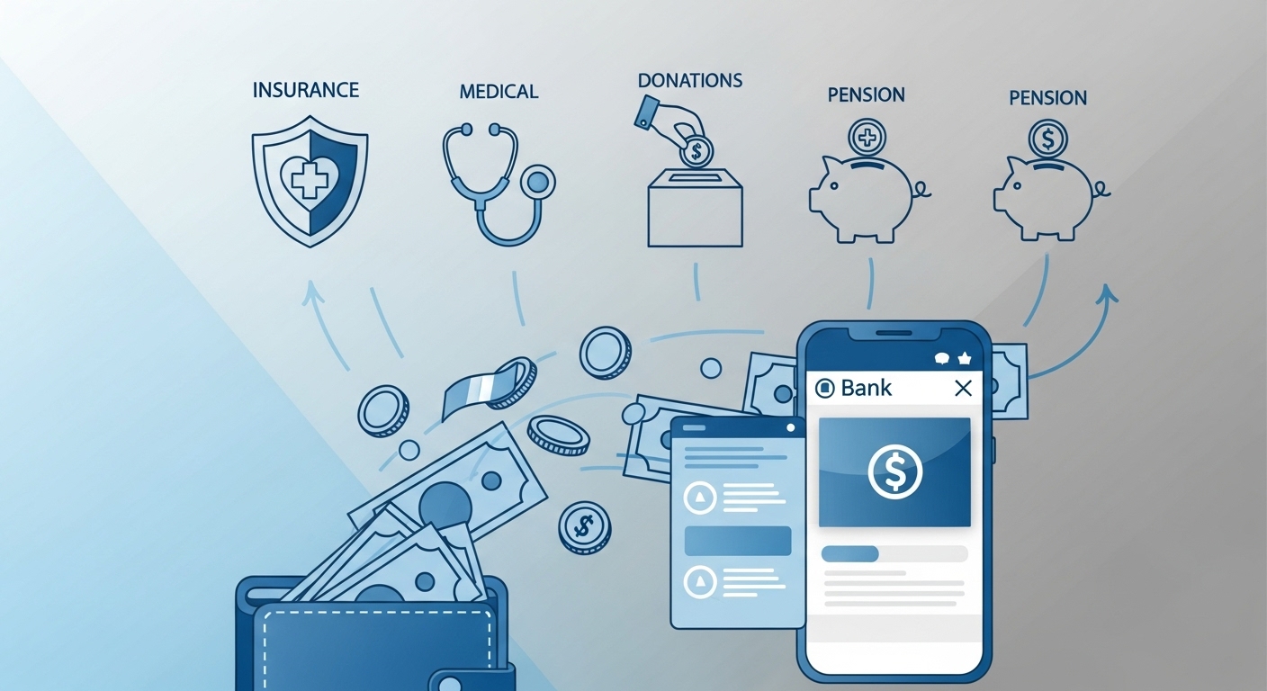 보험료, 의료비, 기부금, 연금계좌 등 다양한 세액공제 혜택으로 세금이 환급되는 과정을 보여주는 이미지.