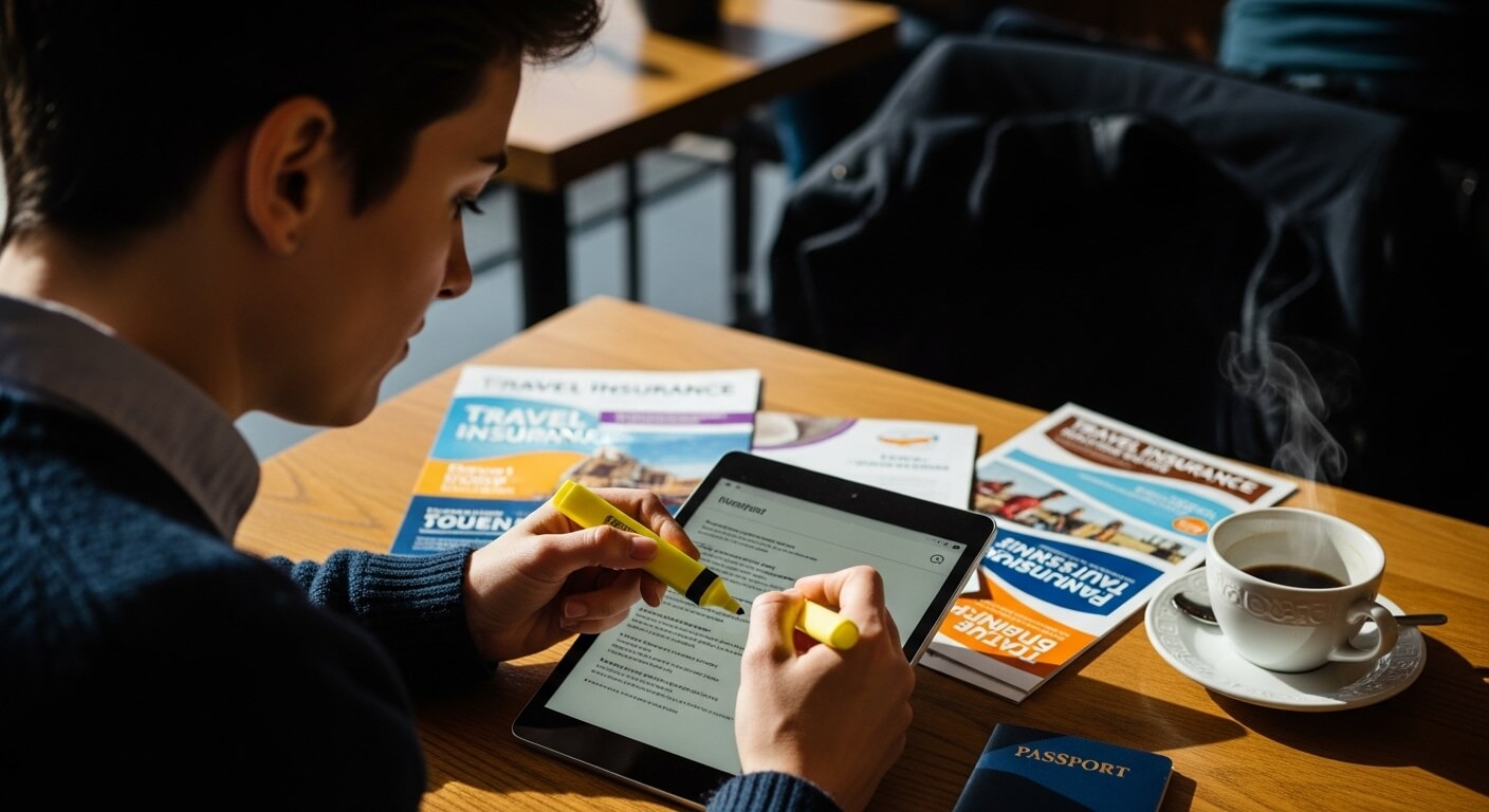 태블릿과 여러 보험 상품 자료를 보며 자신에게 맞는 해외여행자 보험을 신중하게 비교 분석하는 모습.