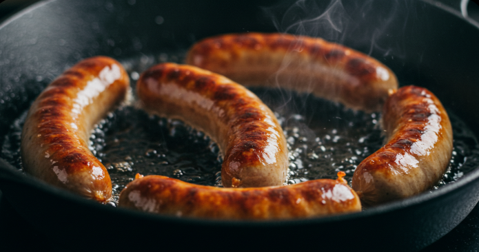 프라이팬에서 노릇노릇하게 볶아지는 소세지