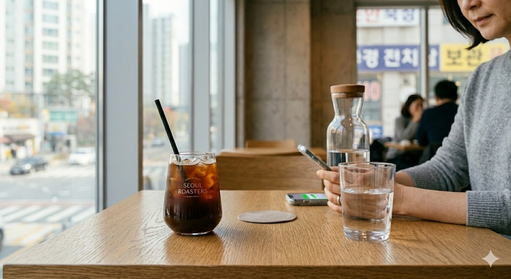 테이블 위에 놓인 아이스 아메리카노와 순수한 생수 한 잔