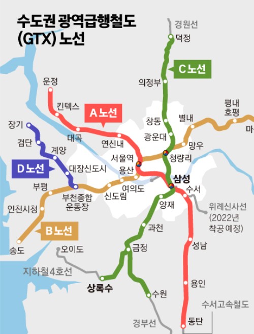 GTX노선도 - GTX A노선, GTX B노선, GTX C노선, GTX D노선