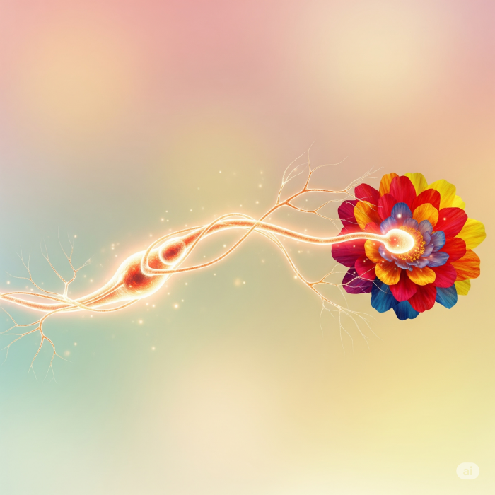 행복 호르몬인 세로토닌을 나타내는, 파스텔 톤 배경 위에서 빛나는 뉴런이 다채로운 색상의 꽃과 연결되어 있는 모습.