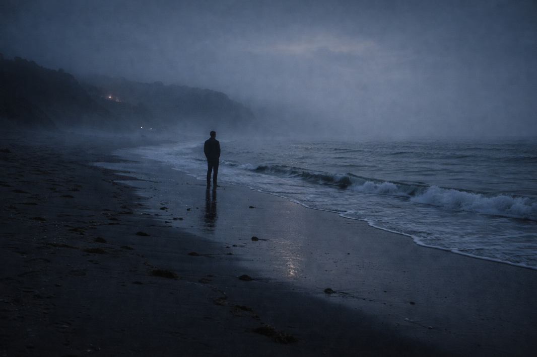 안개 낀 해변 끝에 한 사람이 서 있고 젖은 모래 위로 희미한 빛이 번지는 저녁 장면