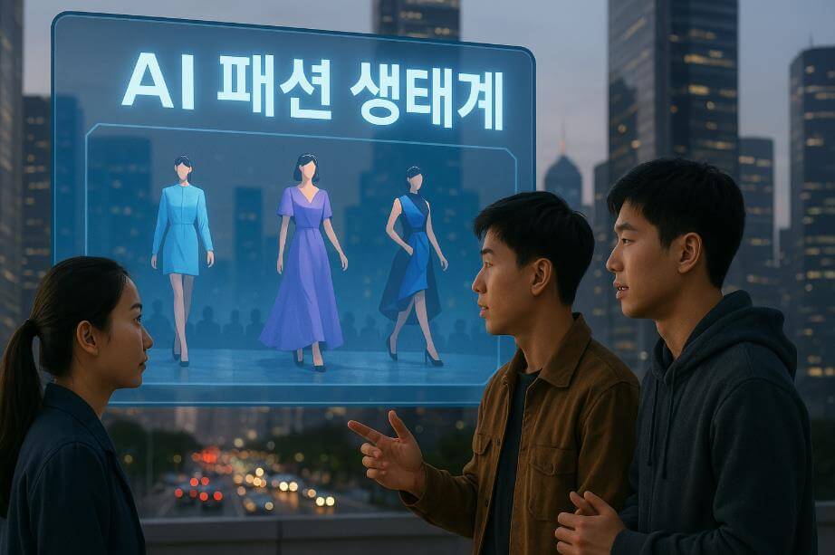 AI가 주도하는 미래 패션 생태계를 상징하는 장면