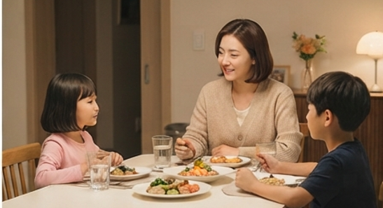 저녁 식탁에서 아이와 마주 앉아 이야기하는 모습