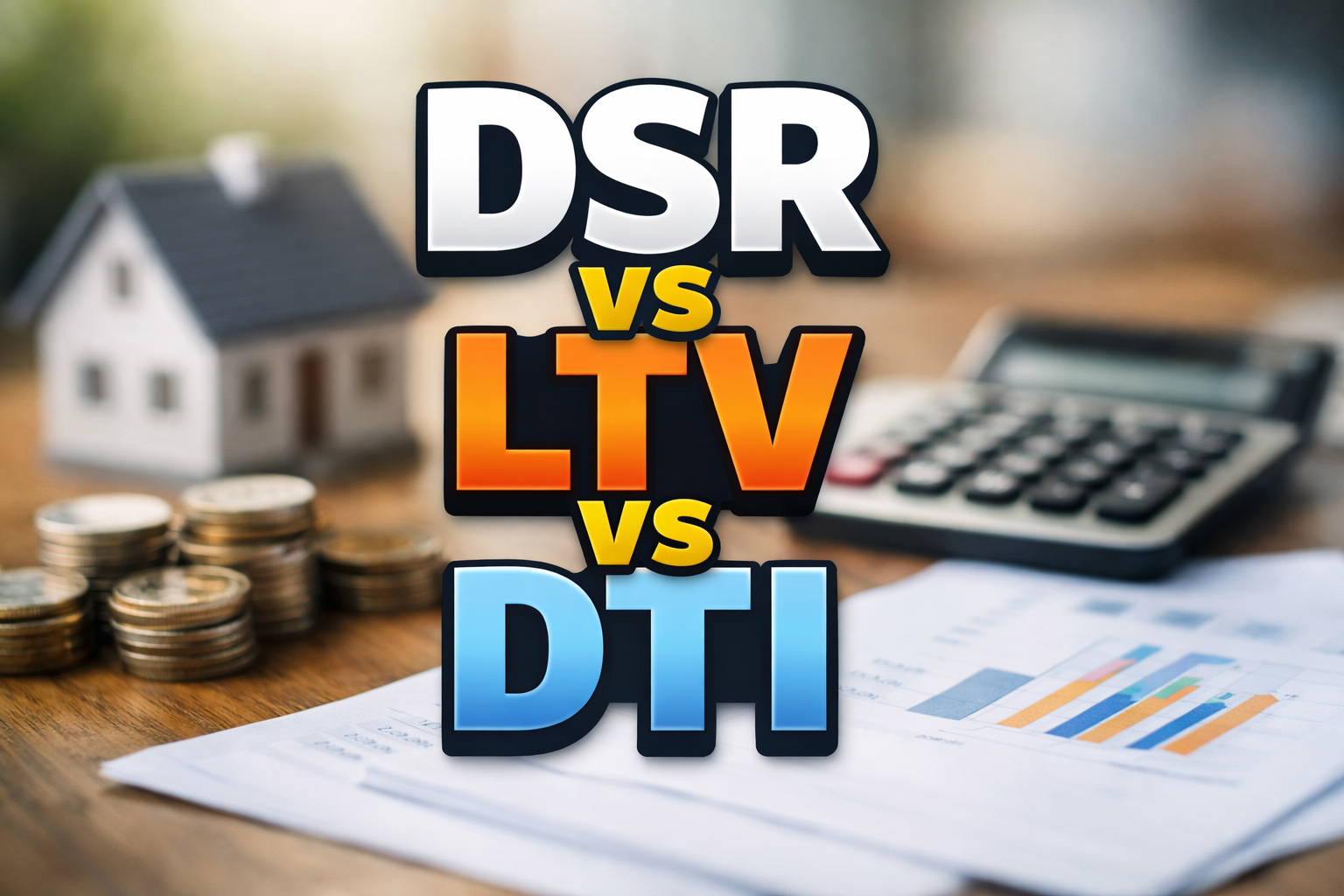 DSR LTV DTI 차이 설명 썸네일 이미지, 주택 모형과 동전, 계산기와 금융 그래프 배경 위에 대출 규제 비교 텍스트 표시