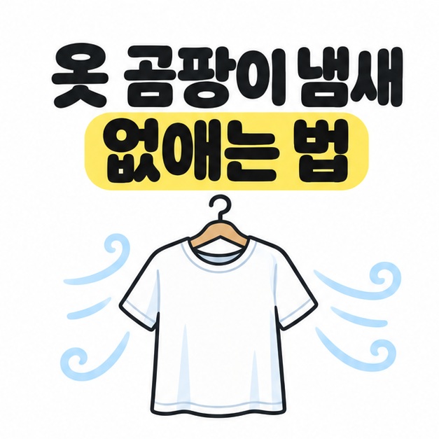 옷 곰팡이 냄새 없애는 법 제목 아래에 옷걸이에 걸린 흰 티셔츠와 주변으로 공기가 통하는 모습을 그린 대표 썸네일