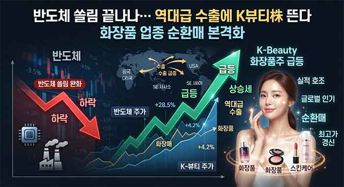 반도체 쏠림 완화와 K뷰티 화장품주 상승을 표현한 증시 그래프 이미지.