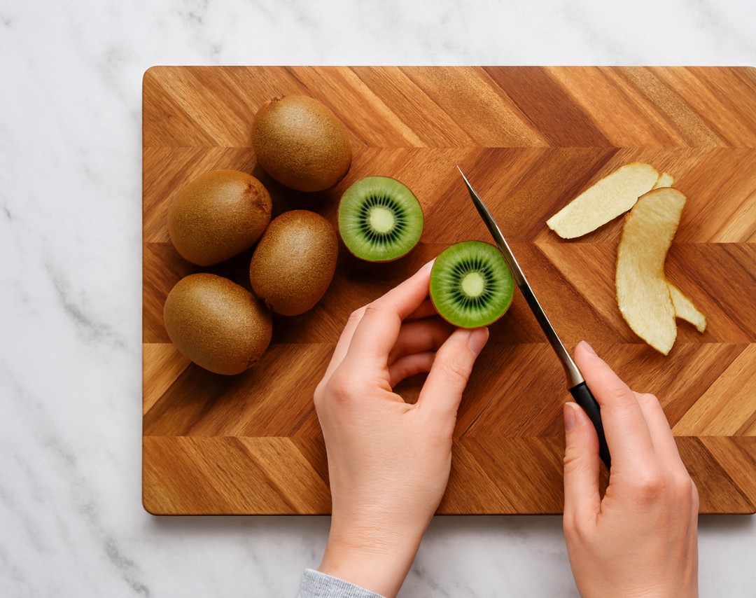 키위를 먹기 직전에 손질하는 모습(도마 위 키위와 칼)