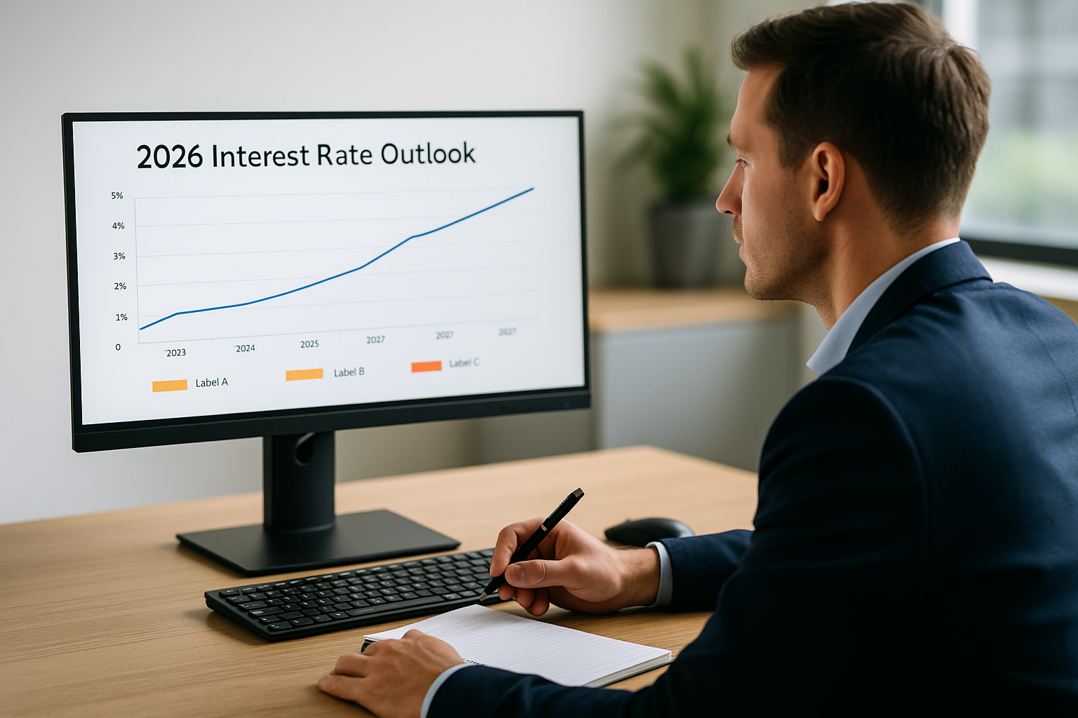 2026년 금리 전망 그래프를 모니터로 확인하는 금융 분석가의 모습