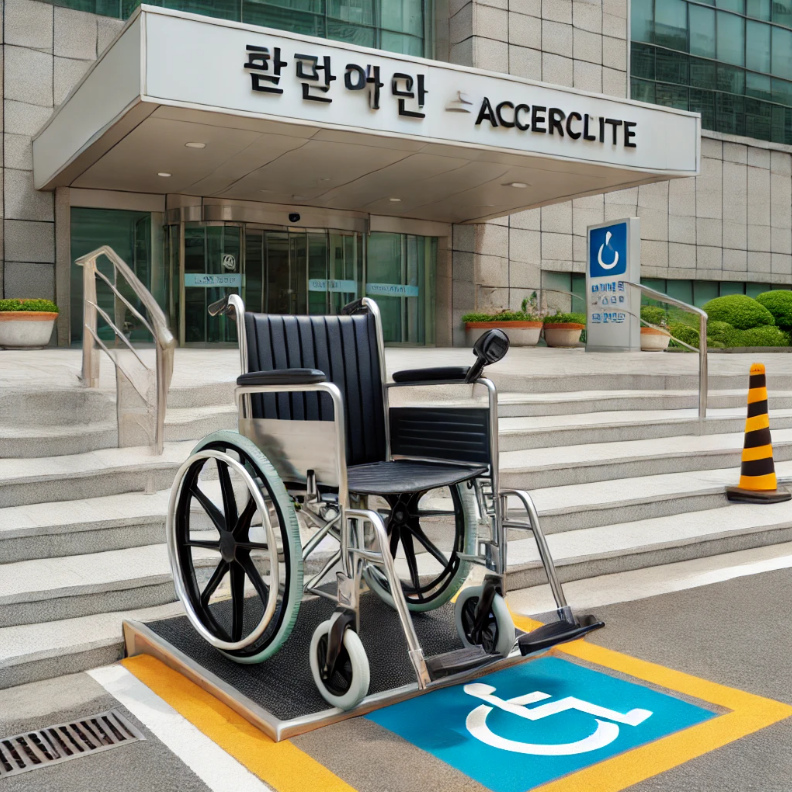 의료기관 외부의 경사로에 고품질 수동휠체어가 주차되어 있으며 접근성 안내 표지판이 있는 모습