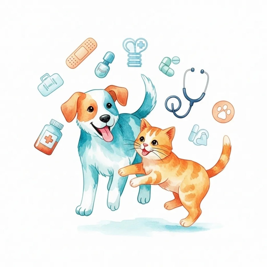 다양한 보장을 상징하는 의료 아이콘과 반려동물
