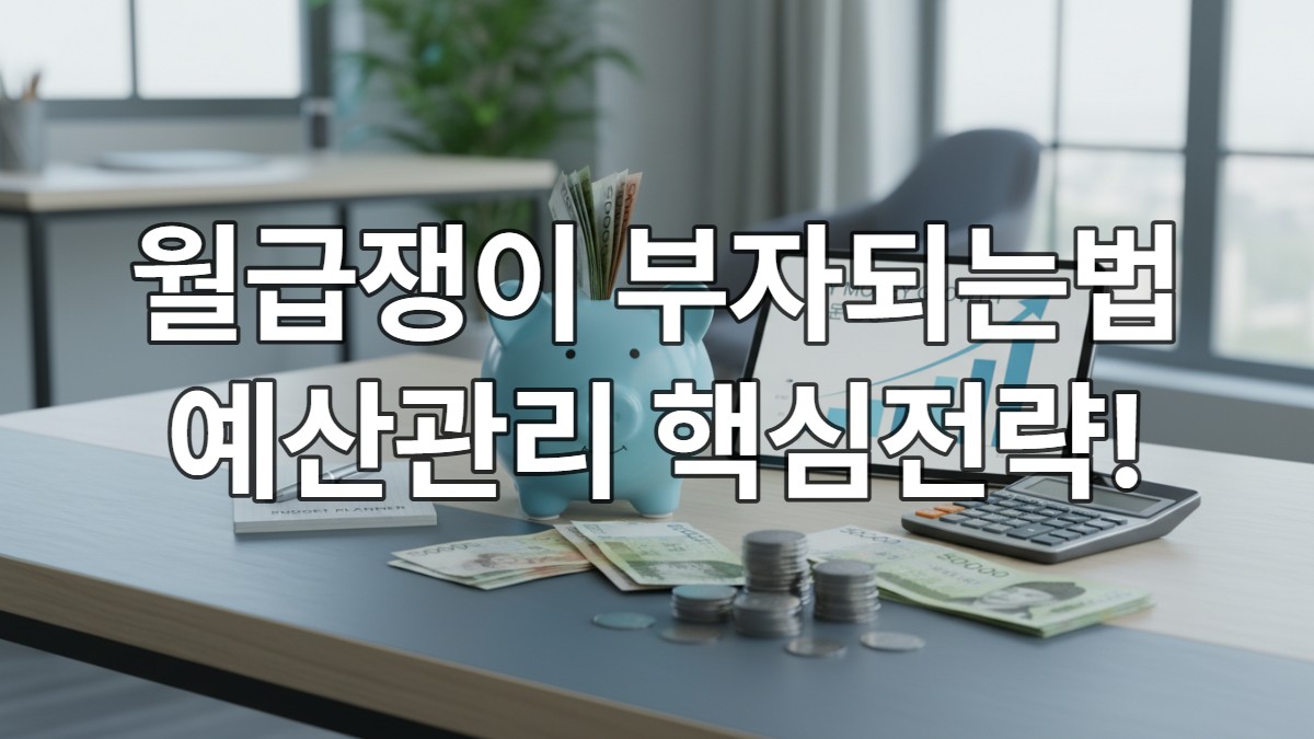 월급쟁이를 위한 스마트 예산 관리, 저금통, 계산기, 돈이 깔끔하게 정돈된 책상 이미지.
