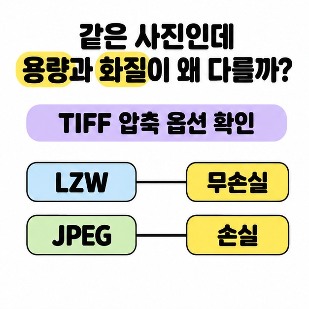 TIFF 압축 옵션에서 LZW는 무손실, JPEG는 손실로 연결해 보여주는 비교 도식