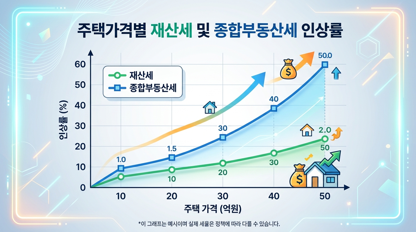 10억부터 50억까지 주택가격별 재산세 및 종부세 인상률을 보여주는 그래프
