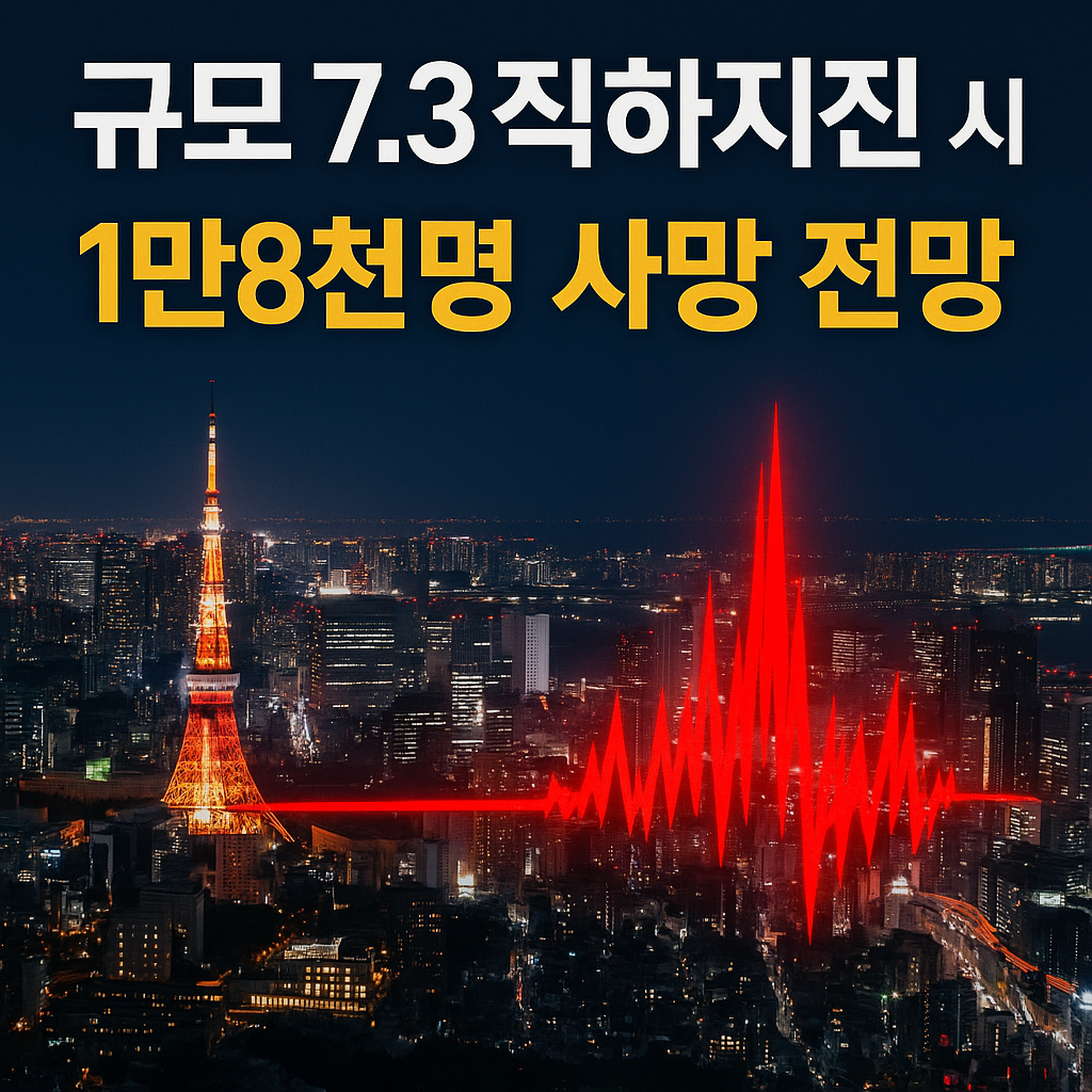 “도쿄 직하에서 발생한 규모 7.3 지진을 시각화한 인포그래픽으로, 일본 지도 위 진원과 지진파 확산, 아래에는 지진 진동 그래프(진폭 변화)를 보여주는 분석 이미지”