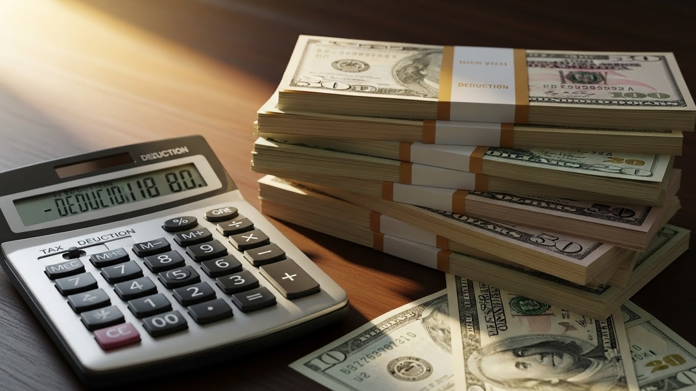 돈다발과 세금 계산기를 보여주는 이미지, 세액공제를 상징