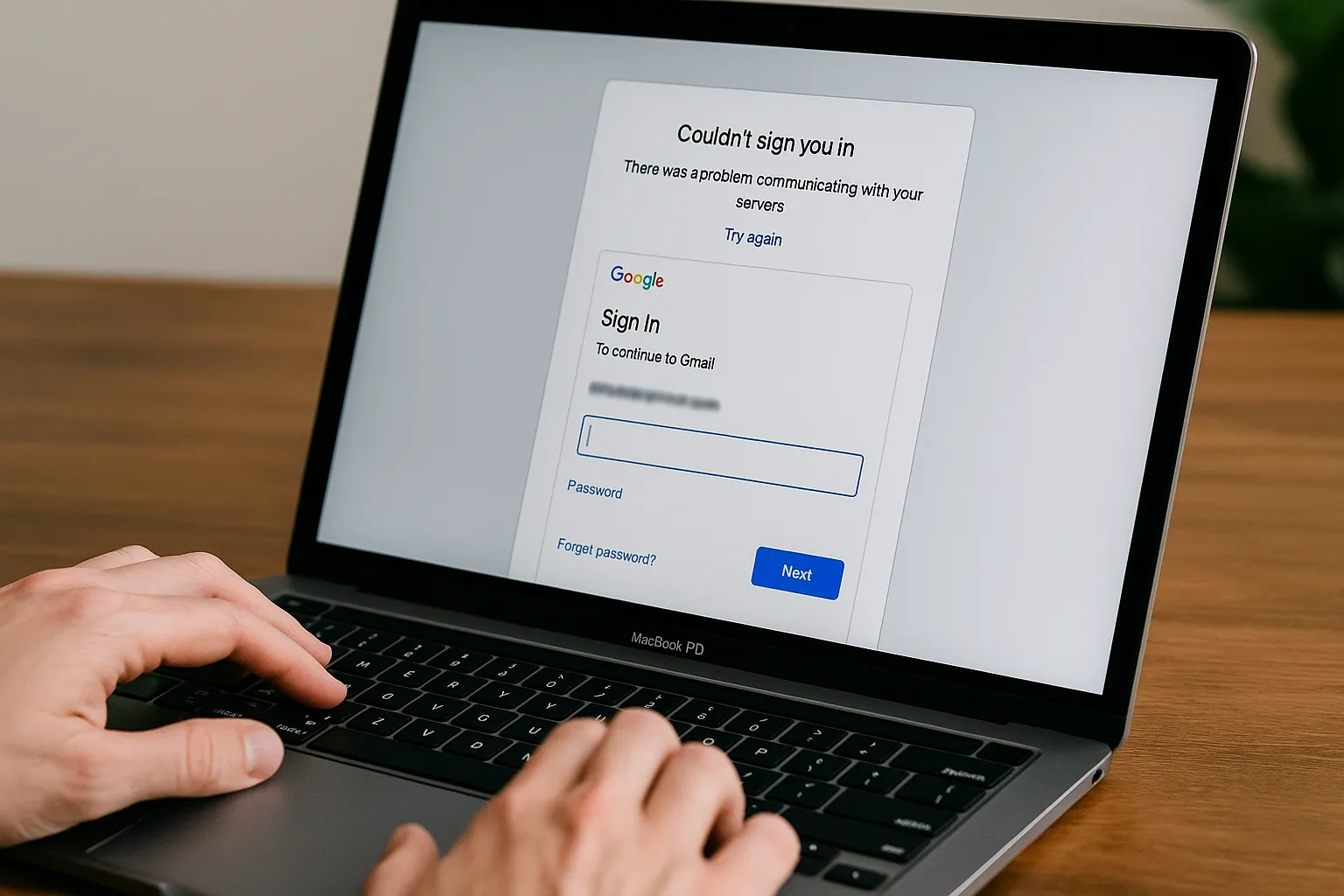 노트북에서 구글 계정 로그인 오류 메시지 표시 화면