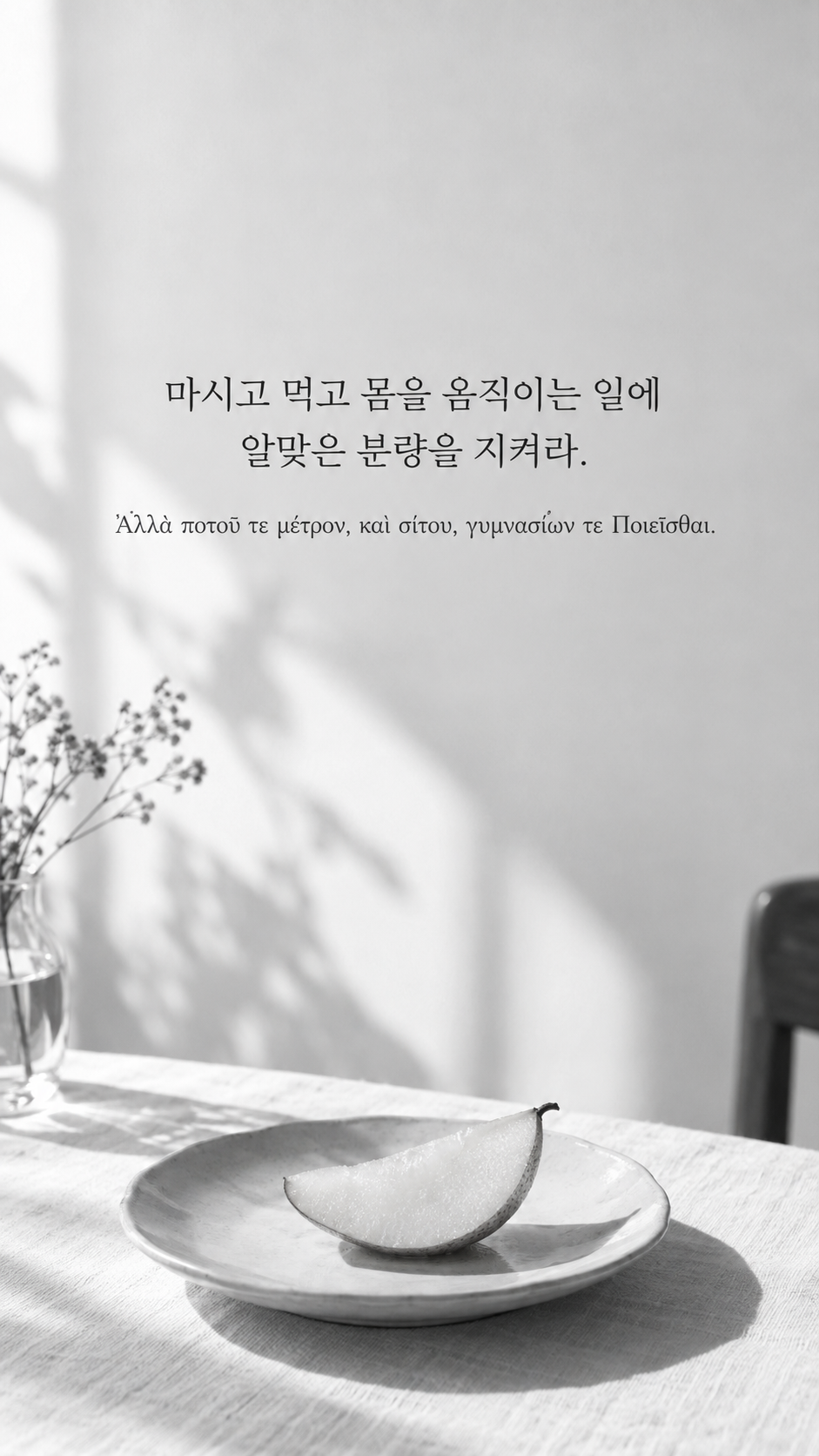 피타고라스 전통 황금시 19 마시고 먹고 몸을 움직이는 일에 알맞은 분량을 지켜라. 한 조각의 배와 작은 접시가 놓인 흰 식탁 배경의 한글&middot;그리스어 세로 이미지