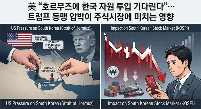 호르무즈 해협 압박과 주시시장 영향을 나타낸 일러스트.