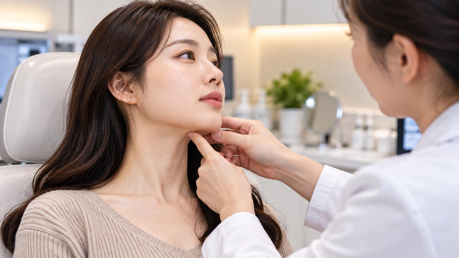 진료실에서 의료진이 환자의 턱 아래 피부 처짐과 윤곽을 살펴보며 상담하는 실제 같은 장면