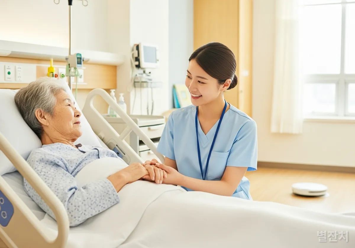 한국 병원에서 노인의 손을 잡고 있는 간호사와 뒤에서 청소하는 로봇