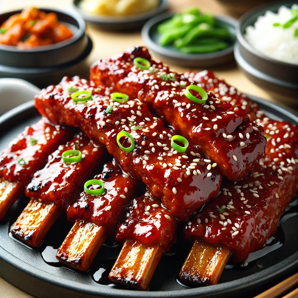 &quot;Close-up view of Korean marinated pork ribs (Yangnyeom Dwaeji Galbi) garnished with sesame seeds and green onions, served with rice and side dishes.&quot;